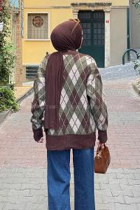 Lamelif Baklava Desen Jakarlı Hırka Haki