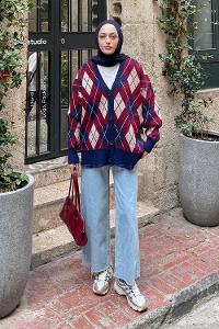 Lamelif Baklava Desen Jakarlı Hırka Lacivert