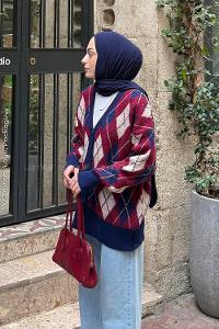 Lamelif Baklava Desen Jakarlı Hırka Lacivert