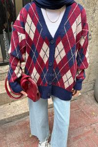 Lamelif Baklava Desen Jakarlı Hırka Lacivert