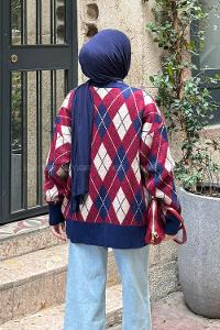 Lamelif Baklava Desen Jakarlı Hırka Lacivert