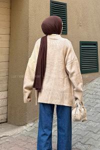 Beige V Neck Long Arm Acrylic Elastan Cardigan