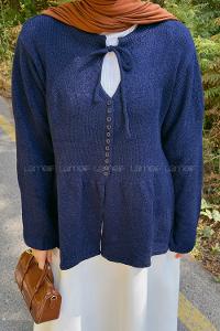 Lamelif Yaka Bağlama Detaylı Kazak Lacivert