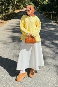 Lamelif Yaka Bağlama Detaylı Kazak Sarı