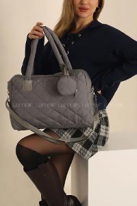 Lamelif  Cüzdan Aksesuarlı Barrel Kapitone Çanta Gri