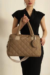 Lamelif  Cüzdan Aksesuarlı Barrel Kapitone Çanta Vizonrengi