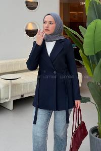 Lamelif Bağlama Detaylı Ceket Lacivert