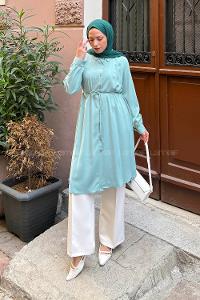 Lamelif Bağlama Detaylı Uzun Tesettür Tunik Mint Yeşili