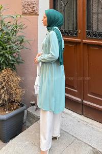 Lamelif Bağlama Detaylı Uzun Tesettür Tunik Mint Yeşili