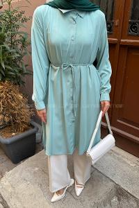 Lamelif Bağlama Detaylı Uzun Tesettür Tunik Mint Yeşili