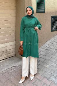Lamelif Bağlama Detaylı Uzun Tesettür Tunik Zümrüt