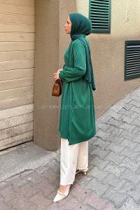 Lamelif Bağlama Detaylı Uzun Tesettür Tunik Zümrüt
