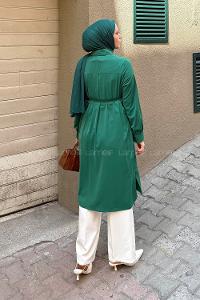 Lamelif Bağlama Detaylı Uzun Tesettür Tunik Zümrüt