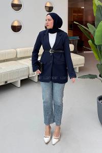 Lamelif Çanta Aksesuarlı Ceket Lacivert