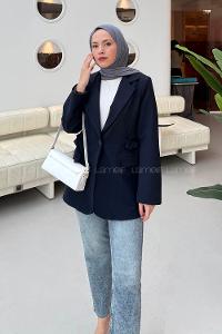 Navy Blue Jacket Collar Long Arm Cotton Lycra Polyester Jacket