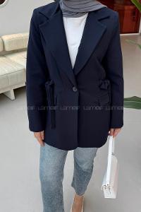 Navy Blue Jacket Collar Long Arm Cotton Lycra Polyester Jacket