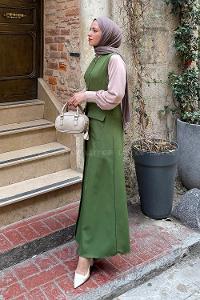 Lamelif Düğme Detaylı Elbise Kına Yeşili