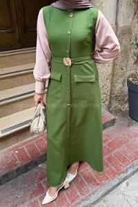 Lamelif Düğme Detaylı Elbise Kına Yeşili