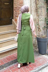 Lamelif Düğme Detaylı Elbise Kına Yeşili