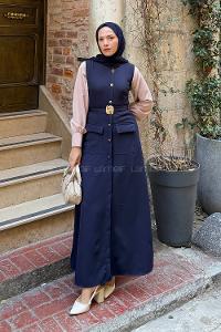 Lamelif Düğme Detaylı Elbise Lacivert