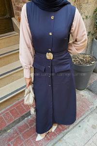 Lamelif Düğme Detaylı Elbise Lacivert