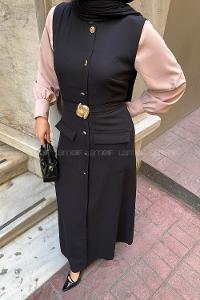 Lamelif Düğme Detaylı Elbise Siyah