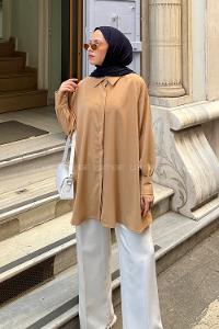 Caramel Shirt Collar Cotton Tunic