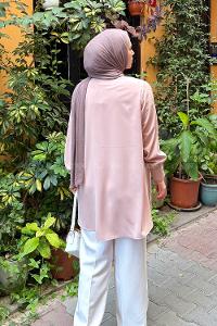 Lamelif Gizli Düğme Detaylı Tesettür Tunik Pudra