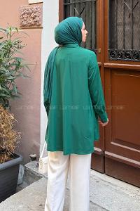 Lamelif Gizli Düğme Detaylı Tesettür Tunik Zümrüt