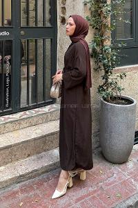 Lamelif Roba Detaylı Tesettür Elbise Acı Kahve