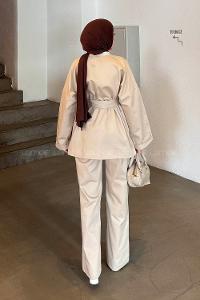 Lamelif Kuşaklı Gabardin Takım Bej