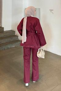 Lamelif Kuşaklı Gabardin Takım Bordo