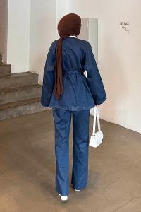 Lamelif Kuşaklı Gabardin Takım Lacivert