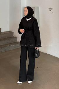 Lamelif Kuşaklı Gabardin Takım Siyah