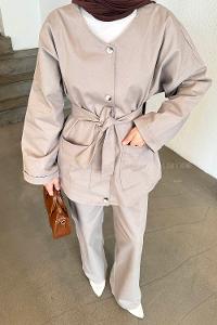 Lamelif Kuşaklı Gabardin Takım Taş Rengi