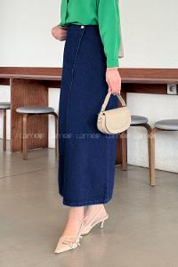 Lamelif Kruvaze Kapama Tesettür Kot Etek Koyu Mavi