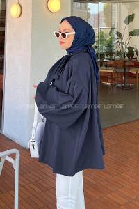 Lamelif Yaka Fular Detaylı Gömlek Koyu Lacivert