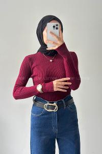 Lamelif Bisiklet Yaka Fittilli Triko Body Bordo