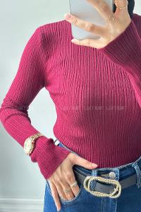 Lamelif Bisiklet Yaka Fittilli Triko Body Bordo