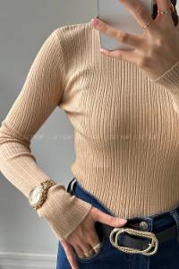 Lamelif Bisiklet Yaka Fittilli Triko Body Camel