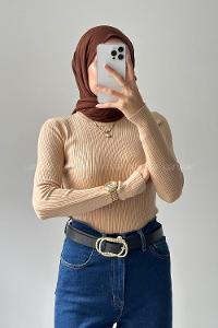 Lamelif Bisiklet Yaka Fittilli Triko Body Camel