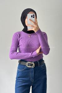 Lamelif Bisiklet Yaka Fittilli Triko Body Lila