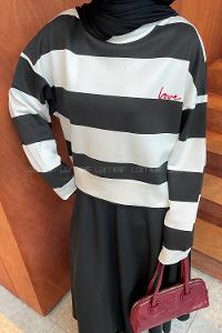 Lamelif Çizgili Baskılı Sweatshirt Siyah