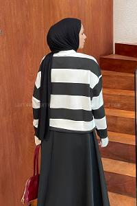 Lamelif Çizgili Baskılı Sweatshirt Siyah