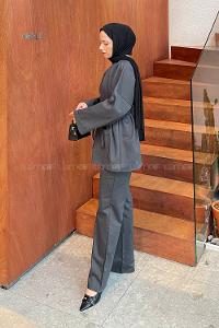 Anthracite V Neck Long Arm Gabardin Regular Trousers Linen Suit