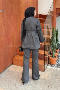Anthracite V Neck Long Arm Gabardin Regular Trousers Linen Suit