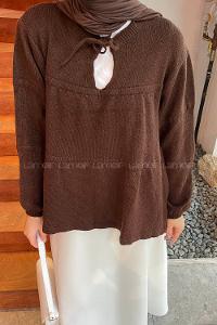 Lamelif Yakası Bağcıklı Triko Kazak Acı Kahve