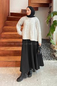 Lamelif Yakası Bağcıklı Triko Kazak Gri