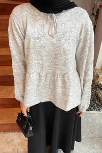 Lamelif Yakası Bağcıklı Triko Kazak Gri