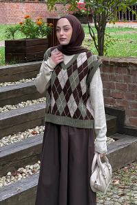 Lamelif Baklava Desenli Süveter Haki